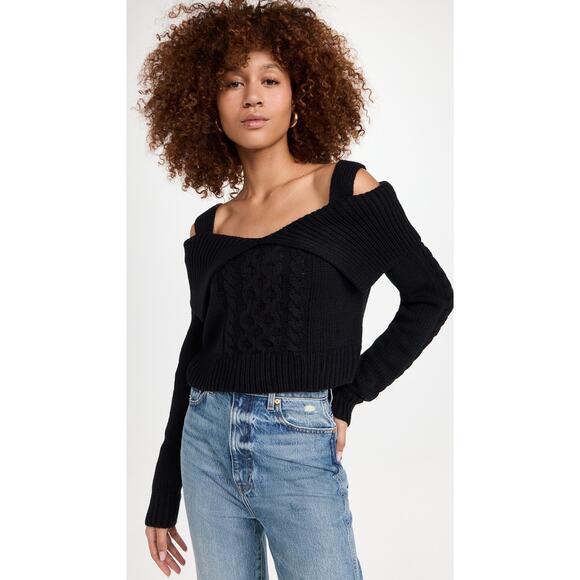 MOON RIVER Black Cable Knit Collared Off Shoulder Cropped Sweater Size XL NWT - Picture 1 of 5